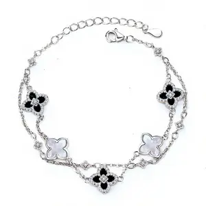 Silver Clover Bracelet for Women, Black White Pink Blue Four Leaf Bracelets Trendy Jewelry Gifts
