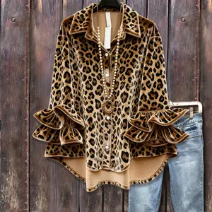 Cherrybetty Vintage Leopard Print Double Ruffle Long Sleeve Velvet Shirt Women's Clothes Plussize Going Out Tops Outfits For Women Shirts For Women Cute Tops For Women