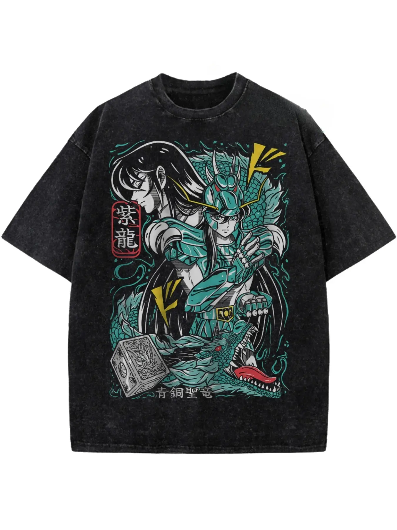 valentine shirts Men's washed street brand street style 100% pure cotton T-shirt, Saint Seiya character print casual daily wear, front and rear printed retro heavy T-shirt