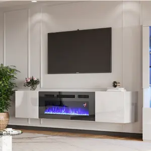 VanAcc Floating TV Stand with 36" Electric Fireplace, High Gloss Finish Wall Mounted Fireplace Entertainment Center with Storage for TVs Up to 78"