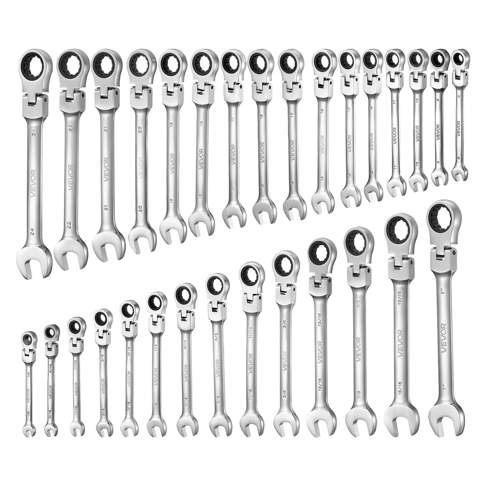 VEVOR Flex-Head Ratcheting Wrench Set, 30-Piece SAE and Metric, 72 Teeth, Cr-V Steel Ratchet Flexible Combination Wrench Set with Roll Up Pouch, for General Household and Automotive Repairs, SilverSummervibes