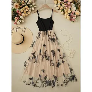 Butterfly & Flower Embroidery Contrast Mesh Splicing Cami Dress With Thin Straps Maxi Vacation Beach Outfits Women