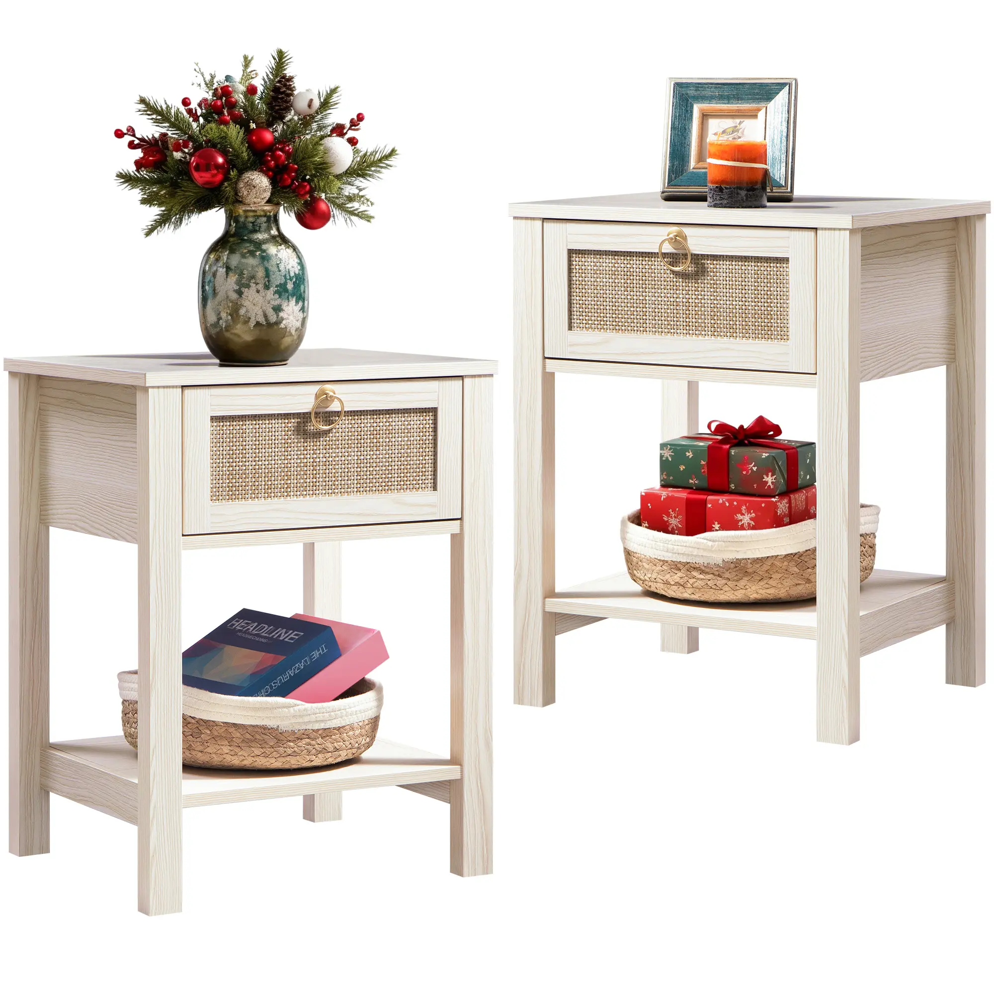 SICOTAS Nightstand Set of 2 - 15.2" x 17.7" x 23.6" Size Elegant Rattan Decor Drawer with Brass Knobs Night Stand Engineered Wood Bedside Table Boho End Tables Side Tables with Storage Shelf for Bedroom and Living Room,dorm essentials,home decor