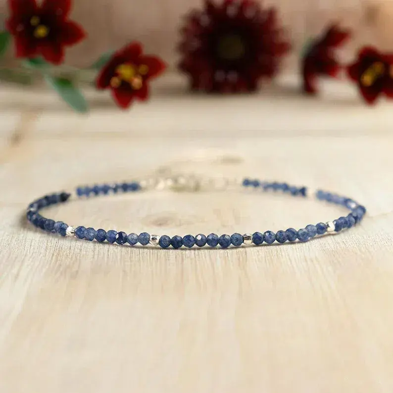 Women's Minimalist Natural Dainty 2mm Blue Sapphire Tiny Beads Crystal Healing Chakra Silver-Plated Chain Bracelet, Ideal Gift