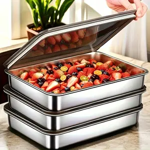 3 Pcs Large Stainless Steel Baking Pan With Lid, Heat Resistant Easy Clean, For Baking Grilling Vegetables Meat, Home Commercial Kitchen Baking Supplies Baking Utensils Bakeware Tray Set