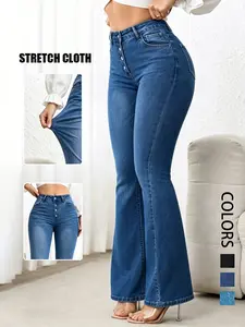 Women's High-Waisted Denim Flare Jeans - Button-Front, Butt-Lifting, Slim-Fit Bootcut Trousers, Stretchy Cotton, Jeans with Bell Bottoms, Trendy Elastic Cowboy Design, Casual Streetwear Bottoms