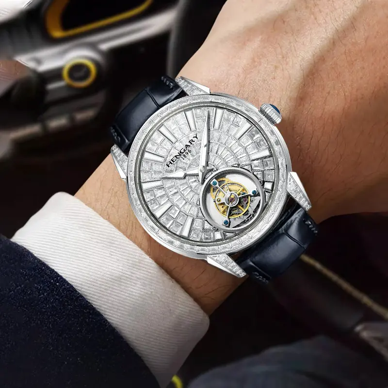 Men’s Elegant Automatic Mechanical Watch - Designer-Style, Diamond-Stoned, Fashion, Inlay, Luxury-Themed, Fully Iced-Out Dial & Bezel, Open Heart Skeleton Movement, Leather Band, Classic Round, Ideal for Work & Special Occasions, Designer-Style Mechanical