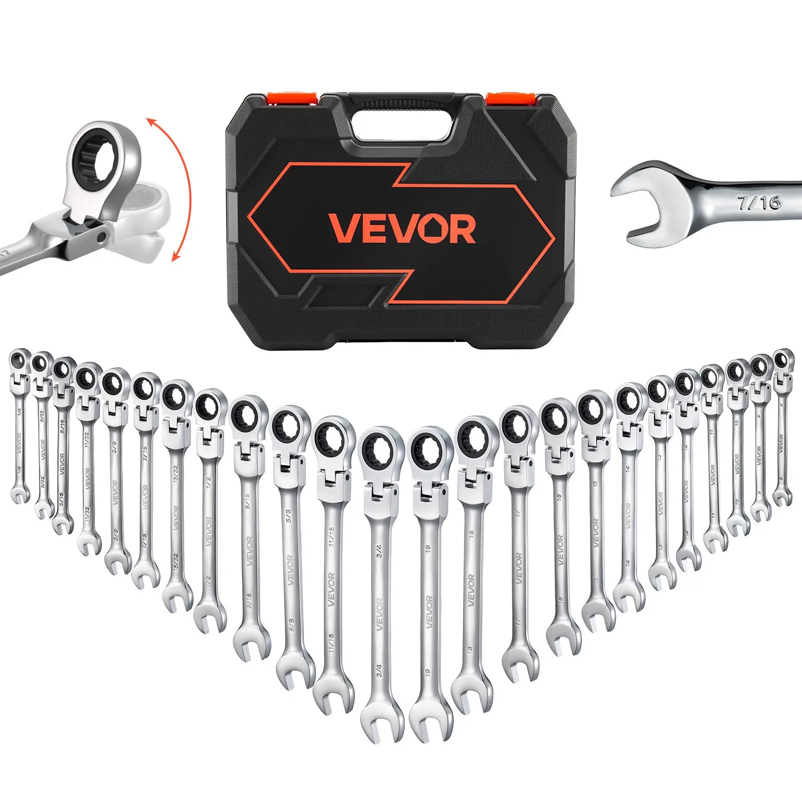 Summervibes VEVOR 24-Piece SAE/Metric Flex-Head Ratcheting Wrench Set, 72-Teeth Cr-V Steel Flexible Combination Wrenches, Storage Case Included, for Auto Repair & General Household Use, Silver