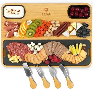 Royal Craft Wood Extra Large Bamboo Cheese Board and Knife Set with Slate Plate and Sauce Bowls Charcuterie Board