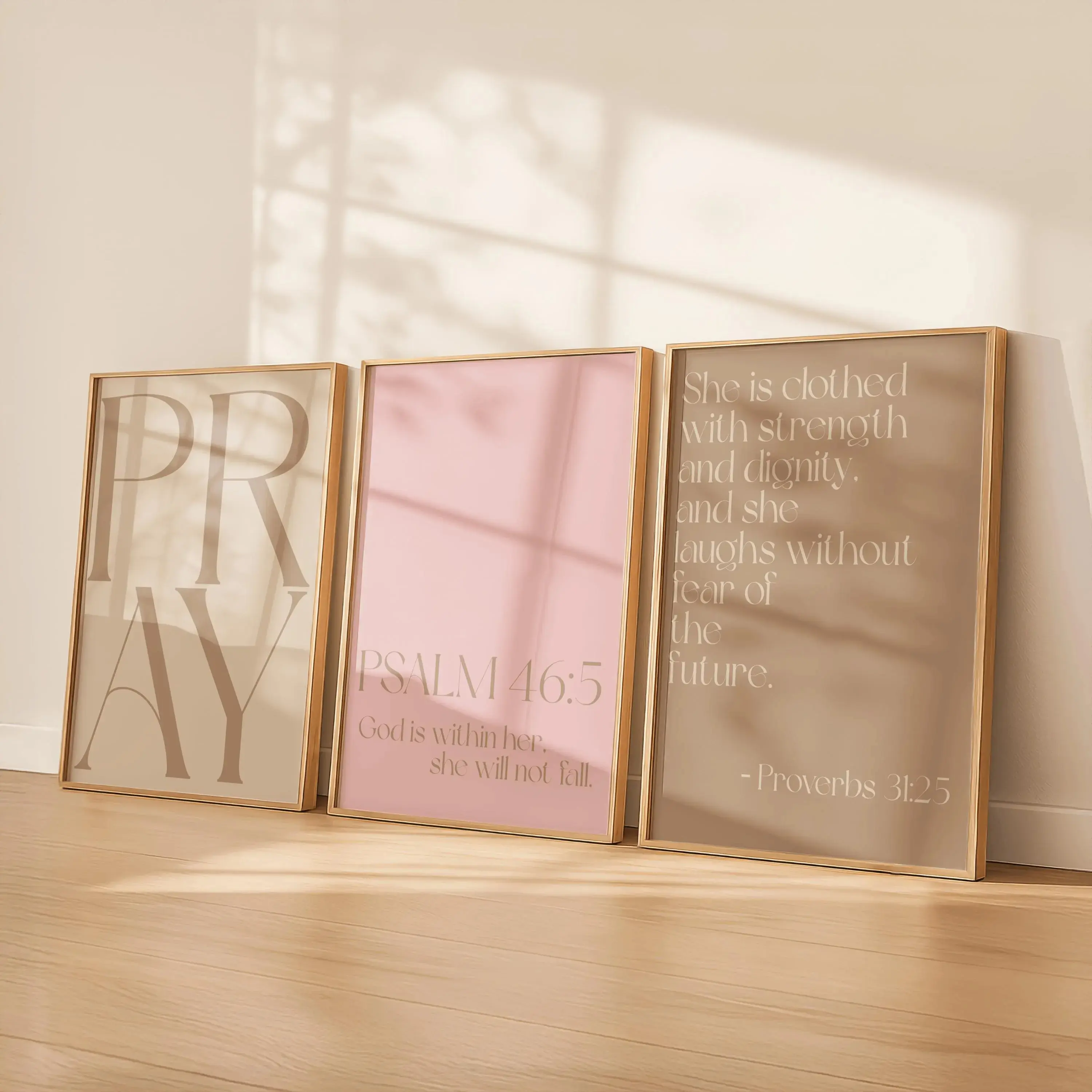 Neutral Pink Christian Wall Art Set of 3 Prints | Bible Verse Printable Bundle | Minimalist Scripture Posters | Modern Religious Decor