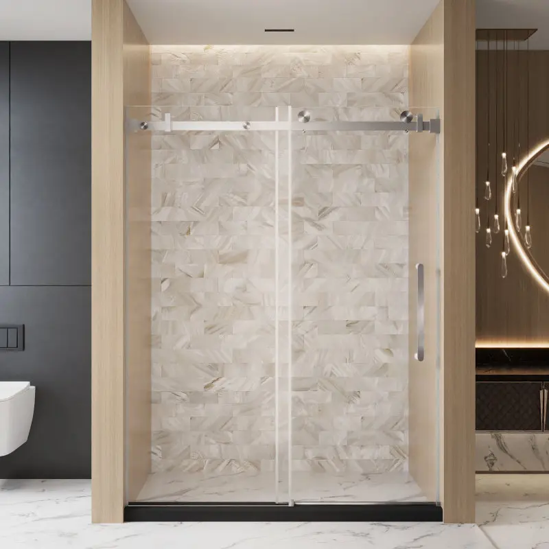 Frameless Single Sliding Shower Door, 56-60 in W x 76 in H, 1/4 in (6 mm) Clear Tempered Glass with Explosion-Proof Film, Stainless Steel Square Tube Track, Brushed Nickel Handle, Sliding Doors WL