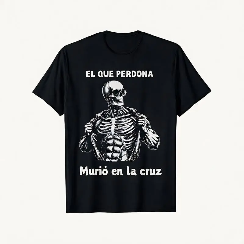 Men's Streetwear T-Shirt with Mexican Skull Graphic, 100% Cotton Short Sleeve Top, Breathable Fabric, Gift for Father, Shortsleeve Casual Soft, Menswear, Print