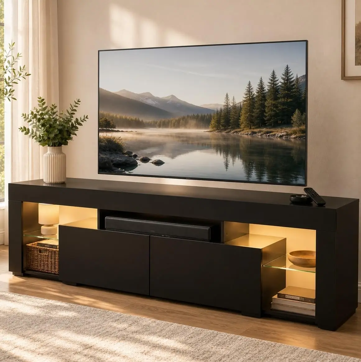 [Summer Sale] WLIVE 63 Inch TV Stand for 55/65/70 Inch TV, Modern Entertainment Center with 20 LED Lights & 2 Large Storage Drawers, Wood TV Console for Living Room, Bedroom, Tv Console Table, Furniture