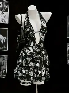 Women's Deep V Neck Backless Gothic Skull Rose Print Halloween Mini Dress, Flared Waist Cross Design, Perfect for Party & Cosplay, Holiday Dresses