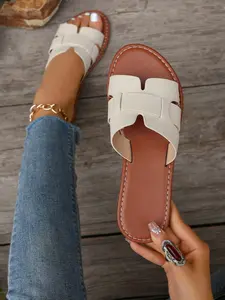 Women's Wide Fashion Square Toe Pleated Flat Sandals, Summer Vacation Style Design PU Material Slip-On Slippers, Comfortable and Stylish, Open Toe Sandal
