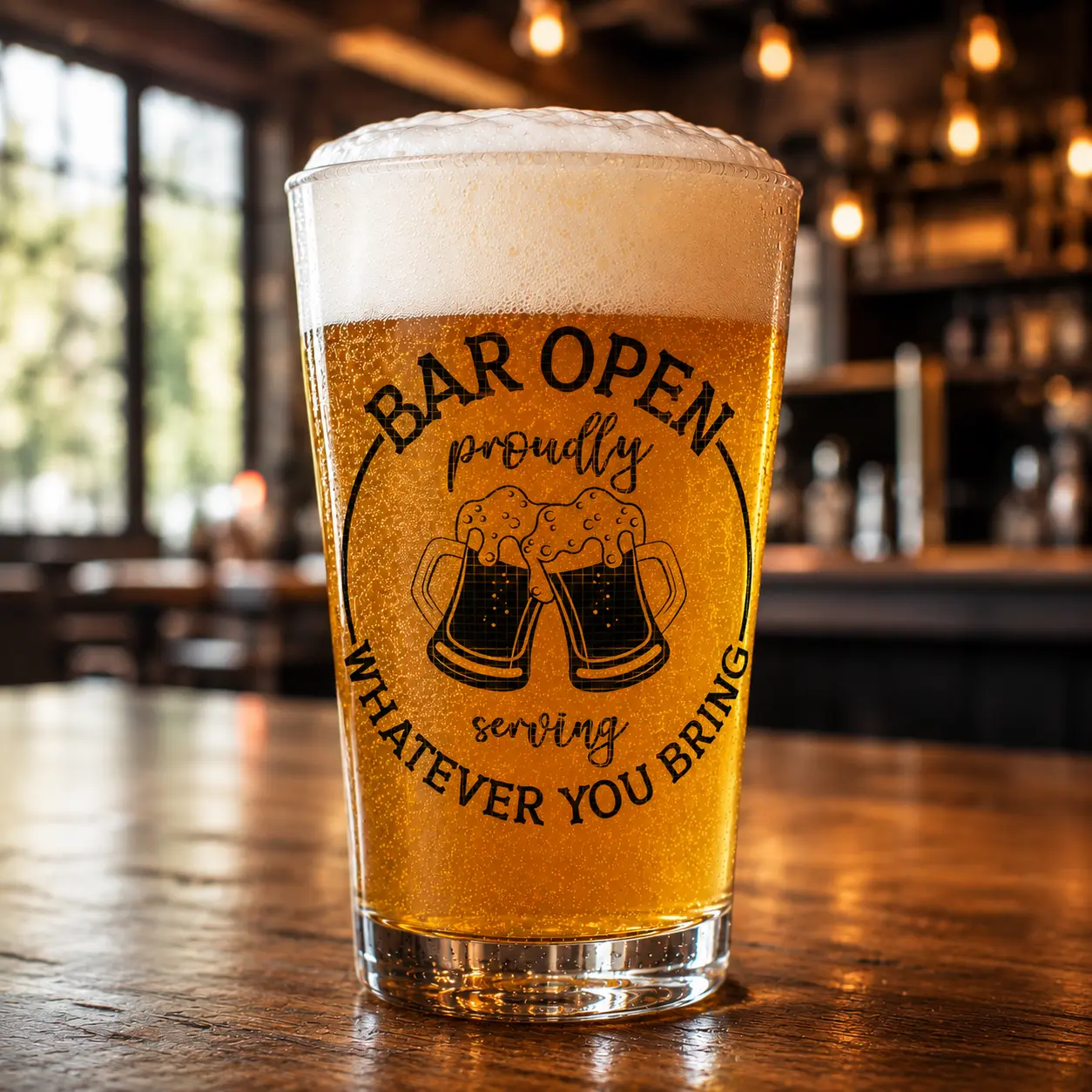 Bar Open Proudly Serving Whatever You Drink Custom Printed Beer Glass, Personalized Pint Glass, Stemless Wine Glass, Funny Drinking Glass, Custom Name Glass, Personalized Gift Glass, Beer Glass, Wine Tumbler, Graphic Printed Glass Cup
