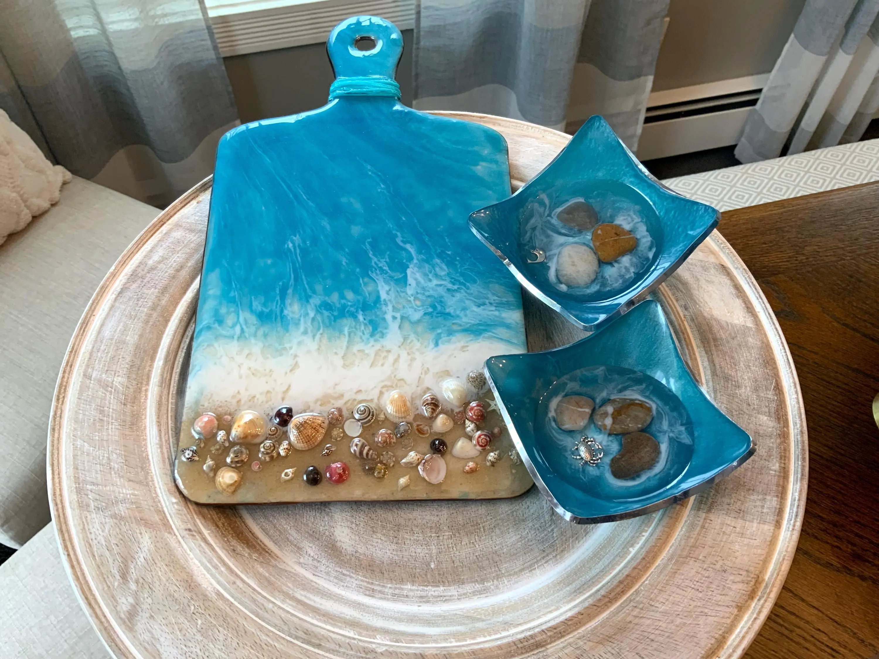 Handmade Resin Kitchen Chopping Board - Ocean Beach Design, Couple-Friendly, 2-Serving Capacity, Hand Wash Only