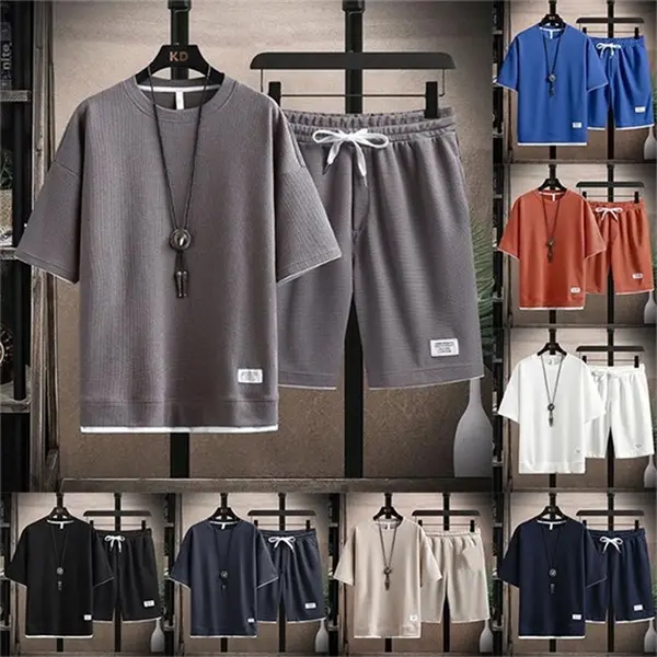 Men's 2 Piece Waffle Knit Lounge Set, Sporty Chic Summer Outfit in Breathable Fabric with Drawstring Shorts, 2 Piece Sets, Shirt, Crew Neck, Textured, Loose, Clothes, Polyester, Summer Outfits, Oversized, Plain Shorts & Top Sets