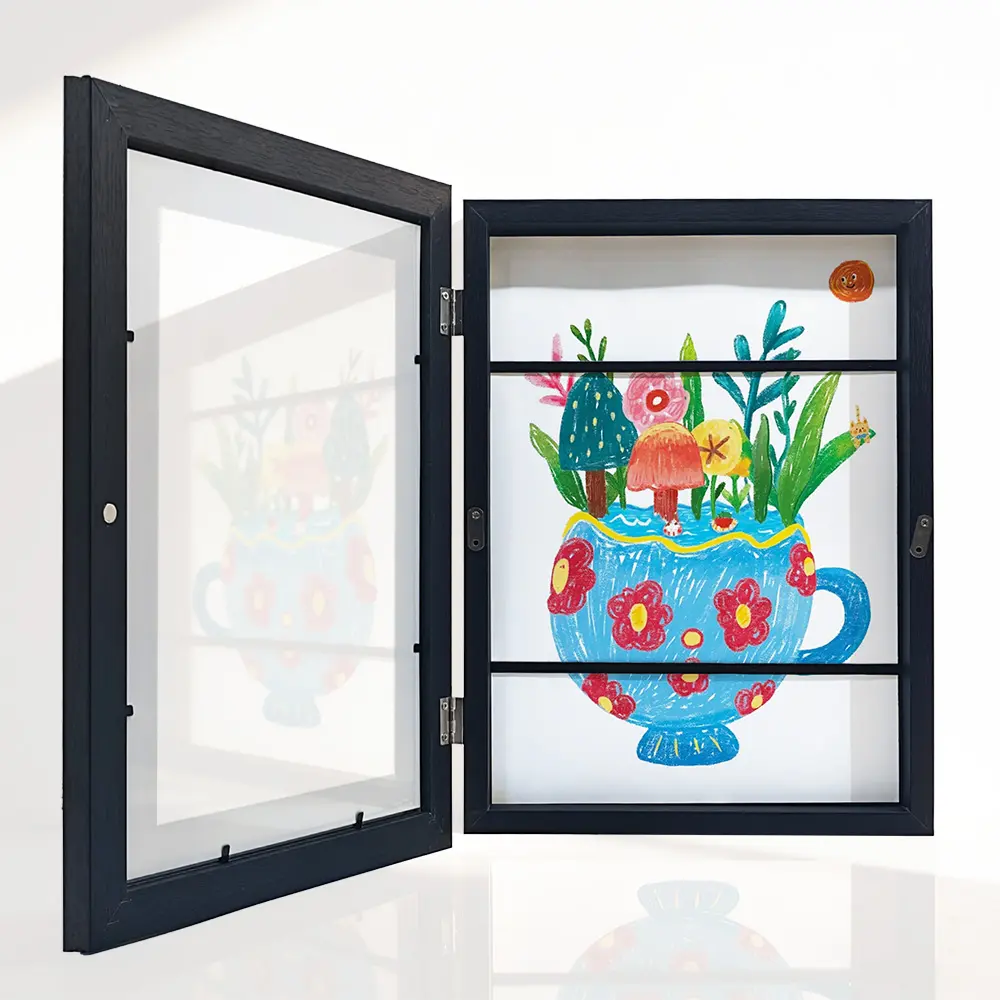Magnetic Kids Art Frame with Glass - Front-Opening Design for 8.5"x11" Artwork, Holds 50 Pieces, 3D Art Compatible, Wall Hanging Office Stationery for Home Decor Portfolios