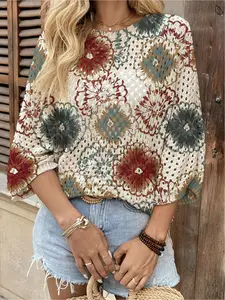 Spring/Summer style, crew neck hollow-out loose batwing raglan sleeve cover-up, contrast floral print women's knitted top, vacation style, casual for commuting, bikini cover-up, Swimwear cover up, boho vacation style beach co, Beach Cover Ups