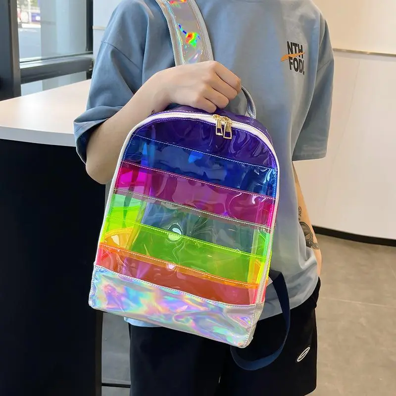 Rainbow Holographic Striped Clear Jelly Backpack, Laser Iridescent Transparent Beach Student Backpack