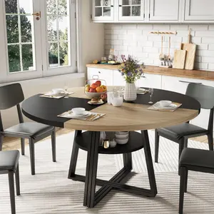47 Inch Round Dinner Table - Farmhouse Wood Dining Table with Storage, Metal Square Legs | Space-Saving Kitchen Furniture for 4 People