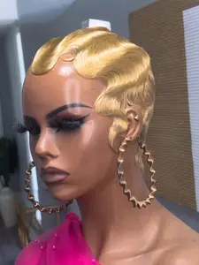 Human Hair Wig 27# Deep Wave Pixie Cut with Bangs, Machine-Made Wig for Women, Natural Look Short Wigs, Natural Looking Wig, Straight Hair Style