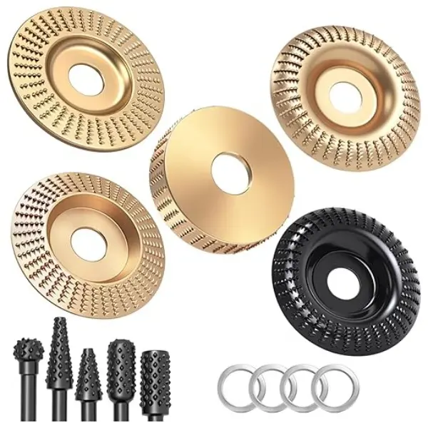 14 Pcs Beveled Angle Grinder Wood Carving Discs, 4" or 4.5" Power Tool Accessories with 5 Rotating Burrs, 7/8" Shaft Holes, 5/8" Adapter Rings & Clog-Resistant Tooth Design 45 Carbon Steel Chainsaw Carving Tools