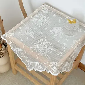 1 piece of border tablecloth for a bouquet of tulips, coffee table, bedside table cover, plain beige three-dimensional bow lace tablecloth