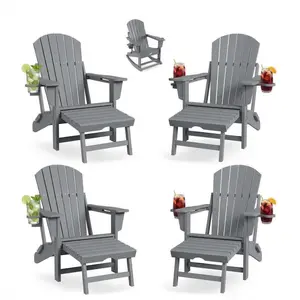 GAOMON 4-in-1 Folding HDPE Adirondack Chairs Set of 4 with Retractable Ottoman & Removable Rocking Base, All-Weather Outdoor Patio Chairs with Large Cup Holder, 400lbs Capacity, for Garden Lawn, Grey