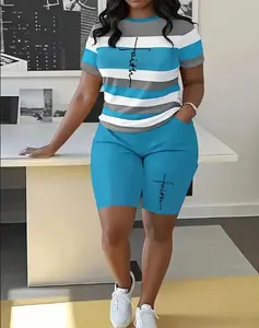 Plus Size Stripe & Letter Print Two-Piece Set - Crew Neck Short Sleeve Fitted Comfortable Casual Outfit for Beach and Vacation, Soft Style for Women Clothes Fashion Womenswear Suits