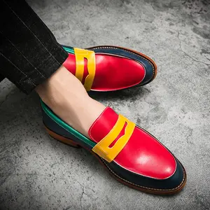 Durable Comfort Fit Men's Stylish Color-Block Slip-On Loafers Men's Slip-On Fashion Loafers - Non-Slip Rubber Sole Slip- Cushioned Insole - All-Season Formal & casual dress shoes  in Black/Navy/Red// - Brown Toe - for Business Office Plus Size Faux