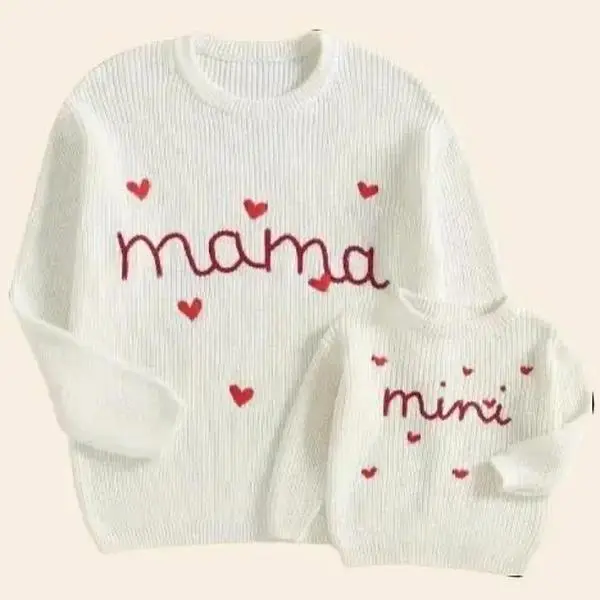 Mommy & Me Matching Sweaters - Cozy Cotton Blend, Heart & Letter Embroidery, Long Sleeve Crew Neck for Fall/Winter