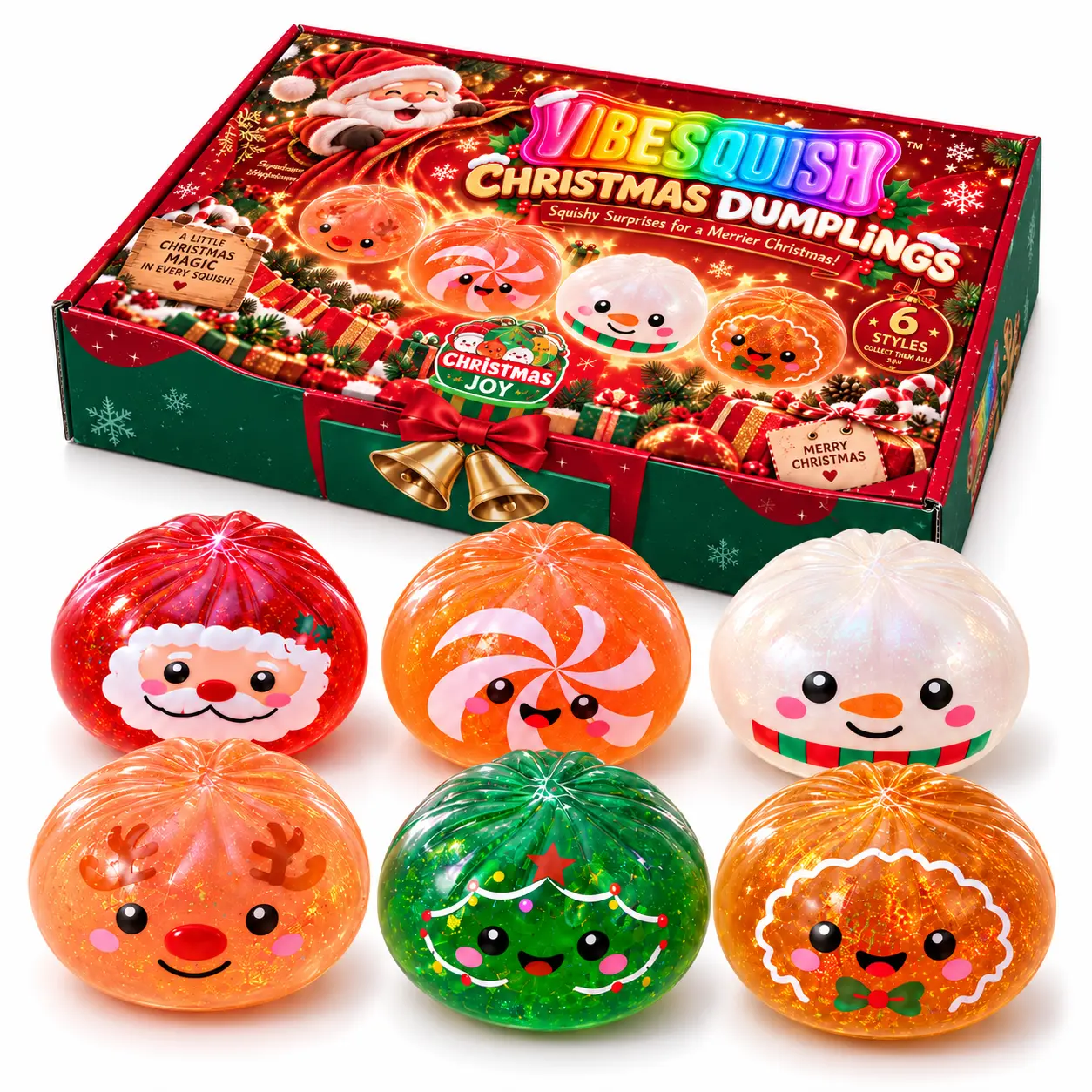 Christmas Dumplings Squishy Toy 6-Pack Set | Kawaii Santa Snowman Gingerbread Christmas Tree Candy Cane Stress Relief Fidget Toys | Xmas Gift Box for Kids & Adults | Slow Rising Soft Collectible Holiday Stocking Stuffer