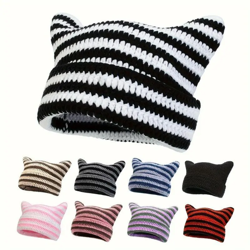 Unisex Handmade Crocheted Little Devil Cat Ear Beanie Hat - Hip-Hop Streetwear Style, Soft Machine-Washable Acrylic Knit Hats for Outdoor Casual Use (Multiple Colors Assorted Set), Animal Ear Hats