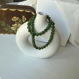 Hetian Jade Beaded Necklace, Natural Green Nephrite Chocker