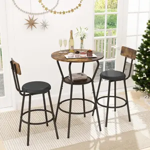 3-Piece Round Bar Table and Chair Set, Small Dining Table for 2, Breakfast Table with 2 Upholstered Stools, Modern Kitchen Bar Table, for Kitchen, Dining Room & Bistro-Rustic Brown