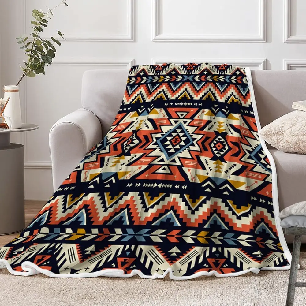 Southwestern Throw Blankets, Tribal Aztec Soft Cozy Flannel American Native Ethnic Geometric Mexican Western Boho Design Warm Bed Blanket for Man Woman Adults Brown Black White Couch Decor