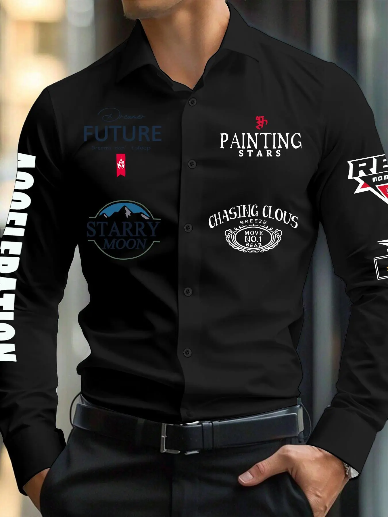 Men's Regular Fit Letter Print Long Sleeve Shirt, Casual Printed, Casual Streetwear Shirt, Casual Comfy Top for Summer, Fashion Men's Clothes for Daily Wear, Casual Party Shirt, Casual Style Graphic