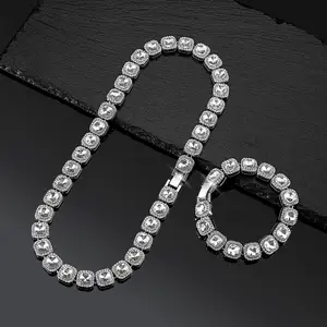 2 PCS Iced Out Tennis Necklace Bracelet Square Baguette Tennis Chain Clustered Diamond Tennis Necklace Bracelet Hip Hop Jewelry For Men Women
