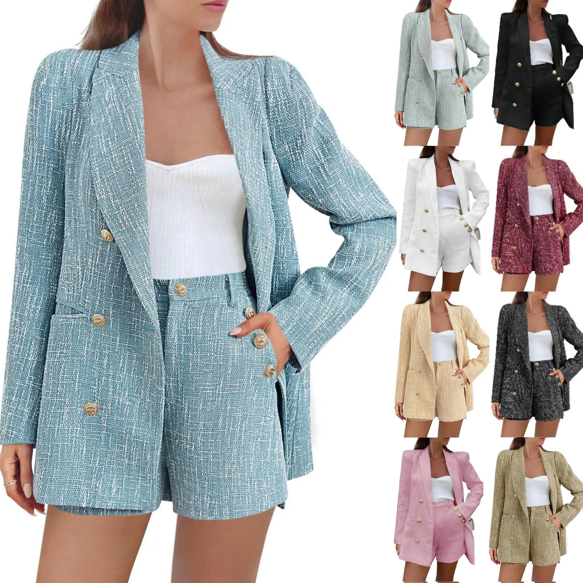 PASLTER Womens 2 Piece Tweed Blazer Shorts Sets Long Sleeve Double Breasted Suit Jackets Business Outfit Fabric Formal M1H684