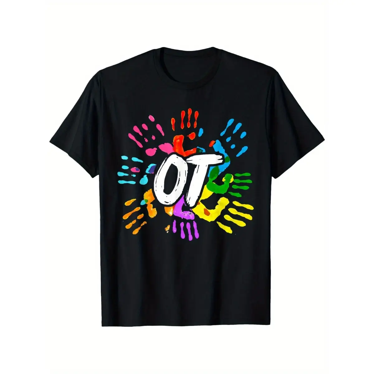 OTA Health Care OT Therapist Occupational Casual T-Shirt - 100% Cotton 180g Weight Black T-Shirt with Colorful Handprints and OT Patterns,graphic tee graphic t-shirts shirts men oversized tshirt White Menswear Soft funny graphic tee Athletic Classic Top
