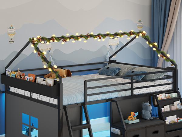 ADORNEVE Low Loft Bed Full Size with Bookshelf and Reading Nook LED Loft Bed with 3 Drawers and Under-Bed Play Space Loft Bed with Safety Guardrail and Inclined Ladde Play Curtain