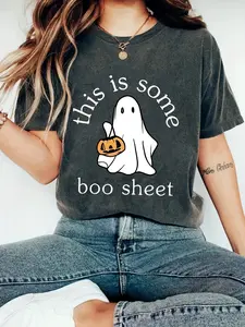 Women's Pumpkin Print Round Neck Short Sleeve Halloween Top, Casual Holiday Wear, Comfortable Soft Fabric, Elegant Design