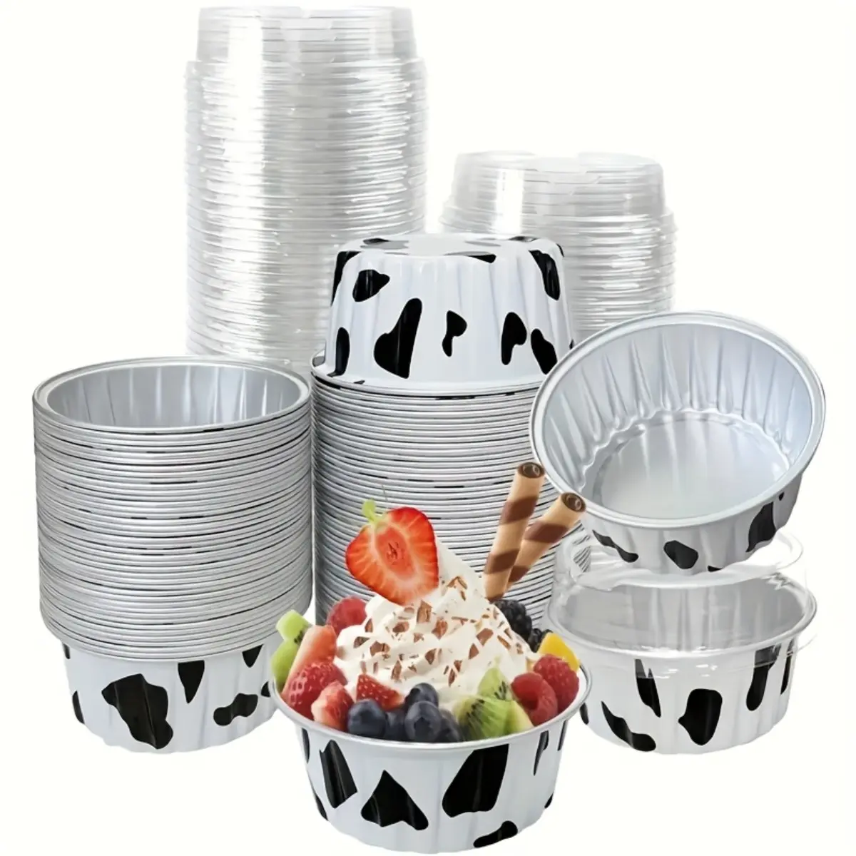 100pcs Cow Print Cupcake Liners with Lids, Disposable Foil-Lined Baking Cups, Heart & Round Assorted, Heat-Resistant Greaseproof, Easy Carry To-Go, Baking Supplies, for Party Dessert Making Cake Decorating, Wedding Graduation Picnic Camping Events