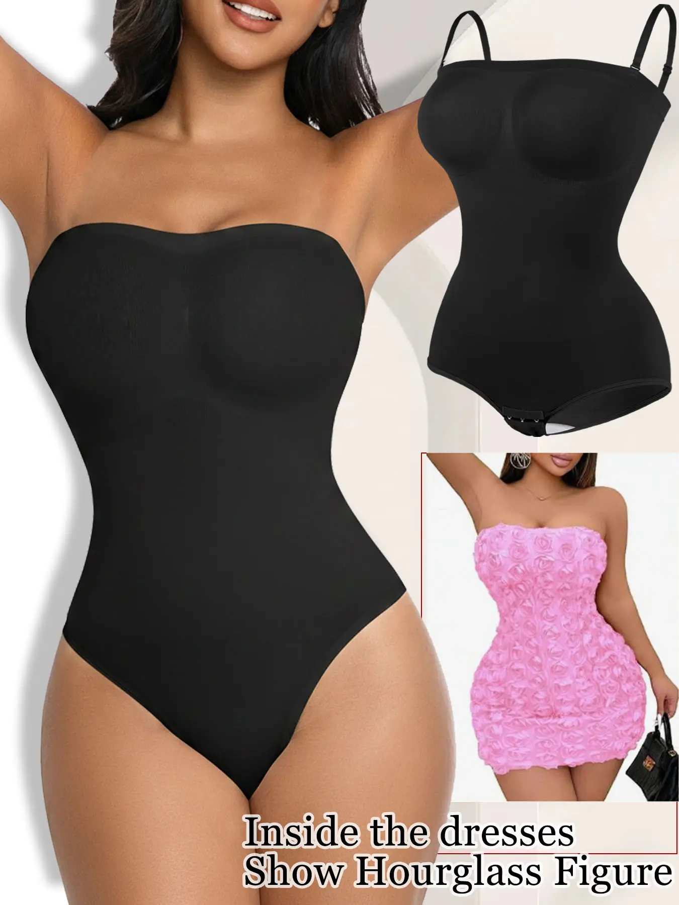 Women's Essential Strapless Seamless Tummy Control Shaper Bodysuit - Convertible Halter Straps, Lightweight Soft Breathable Fabric, Basic Under-Dress Piece for Valentines Day, Dates, Parties