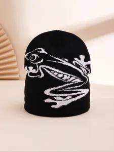 Autumn Winter New Frog Jacquard Knit Hat, Fashionable Elastic Woolen Cap, Street Style Warm, Stylish Cold Weather Headwear, Knitted Hat