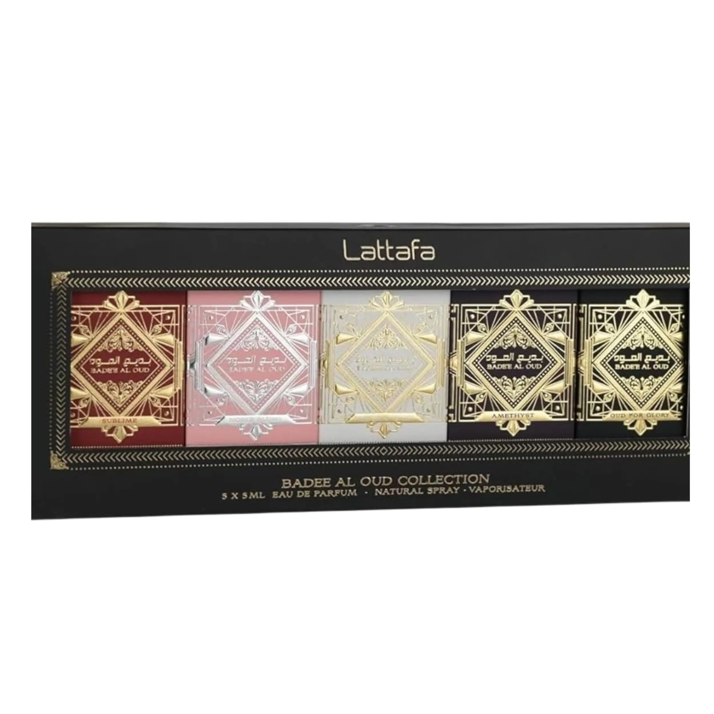 Lattafa Bade'e Al Oud Mini Collection, 5-Piece Concentrated Arabic Perfume Gift Set, Unisex EDP Scents with Oud, Pineapple & Floral Notes, Arabic Perfume Fragrance, Aromatic Fragrances, Concentrated Perfume