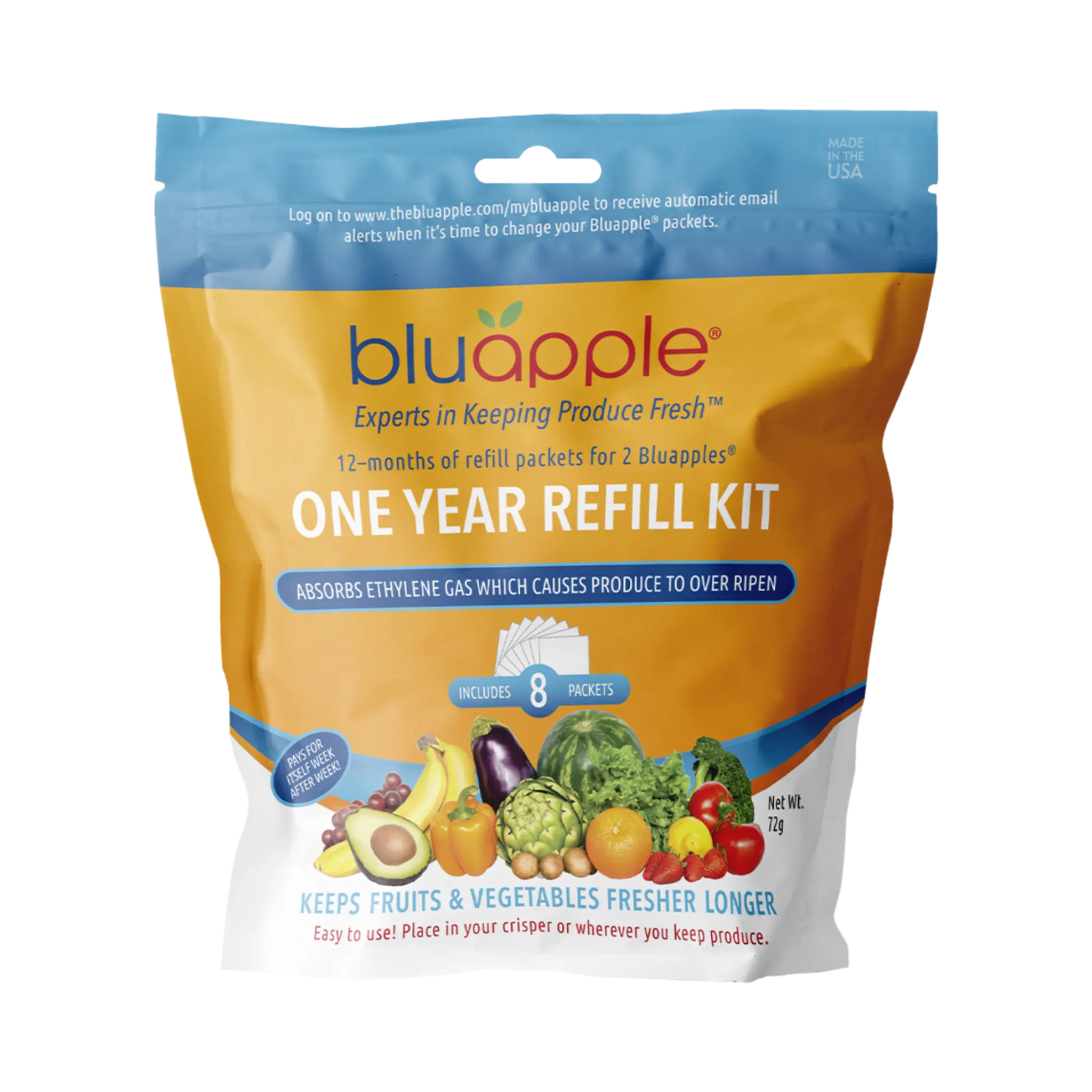 Bluapple Classic Refill Kit - 1 Year Supply of 8 Ethylene Absorbent Packets for Fresh Produce - Eco-Friendly & Resealable Foil Bag