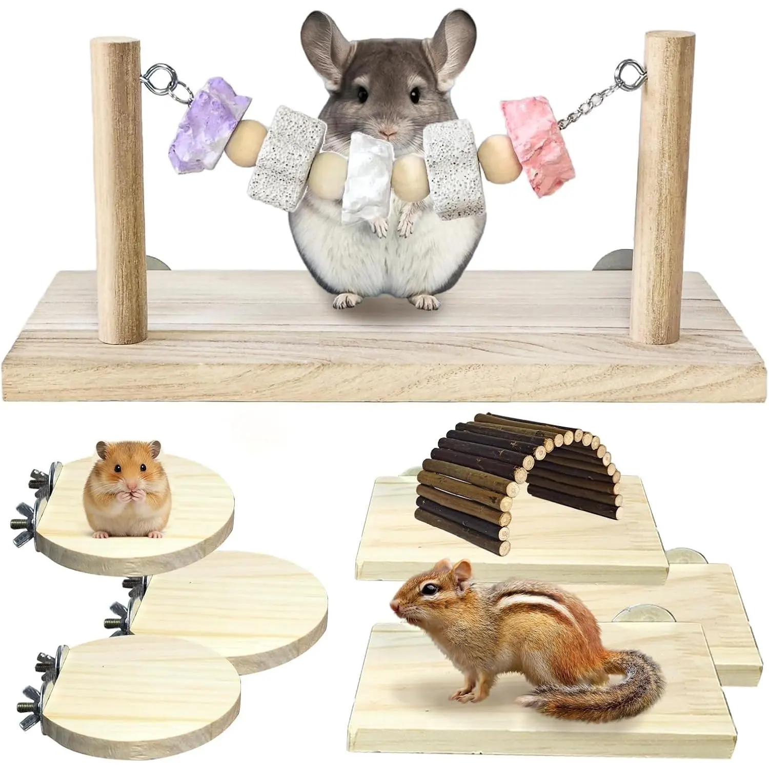 8Pcs Wooden Hamster Cage Platform,Chinchilla Ledges Wood Sets with Lava Ledge Blocks Chew Toys,Hamster Climbing Platform with Wood Bridge,Rat Cage Accessories for Squirrel,Gerbil(Pink), Hamster Cage Accessories, Chewing Toy